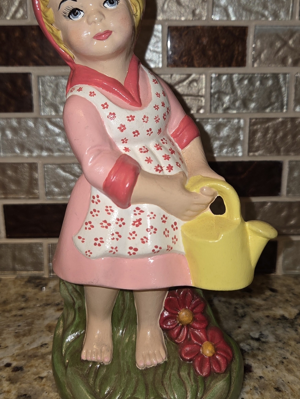 Pink Ceramic Girl Figurine with Yellow Watering Can - Home Accents